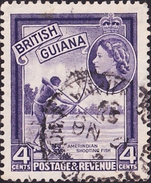 Британская Гвиана 1954 год . Индеец , стреляющий в рыбу , 4 с.
